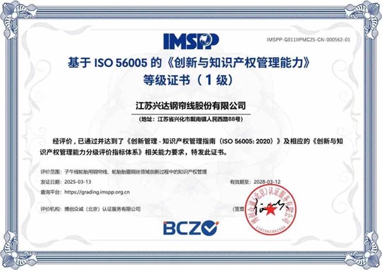 江蘇興達榮獲ISO56005“創(chuàng)新與知識產權管理能力證書”
